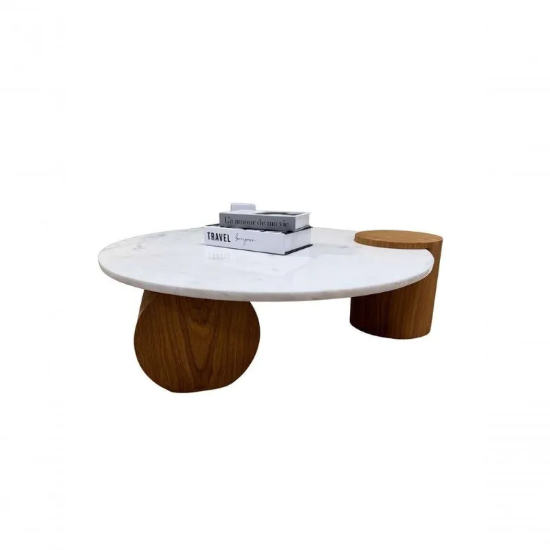 Mesa de Centro Orbita Redonda Vidro Madeira Maciça 80CM Branco Modelar Art
