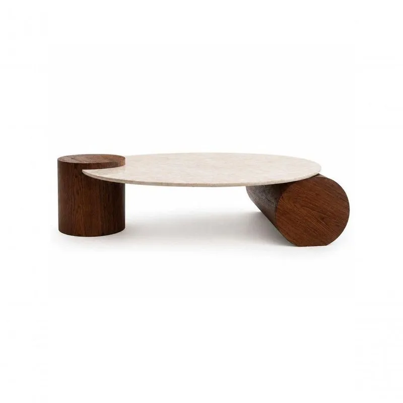 Mesa De Centro Orbita Redonda Mármore Travertino Madeira 70cm Café