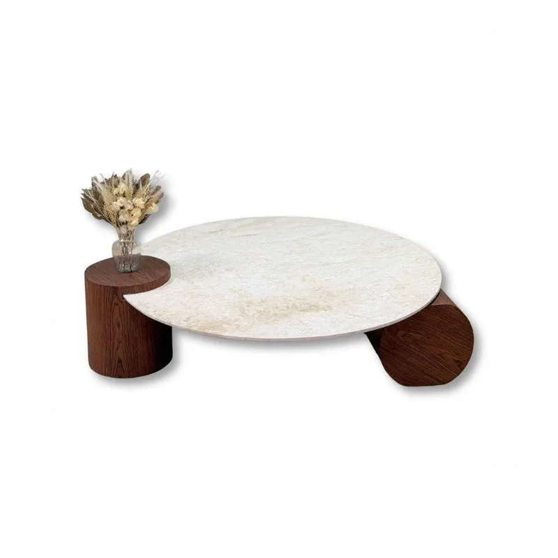 Mesa de Centro Orbita Redonda Mármore Travertino Madeira 80CM Modelar Art Moveis