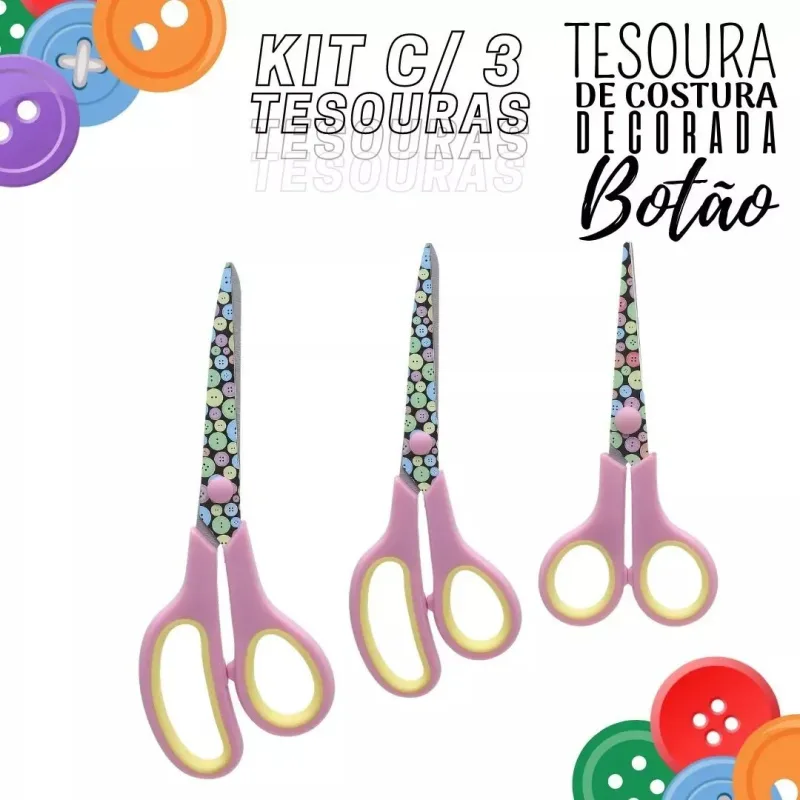 Kit C/ 3 Tesouras Decorada Para Costura e Artesanato - Botoes