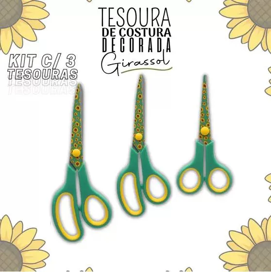 Kit C/ 3 Tesouras Decoradas Para Costura e Artesanato - Girassol