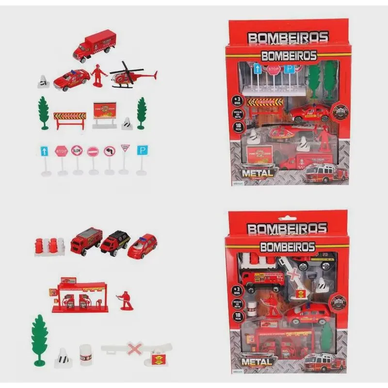 Super Kit Brinquedo Infantil Bombeiros Metal 18 Peças - Etitoys