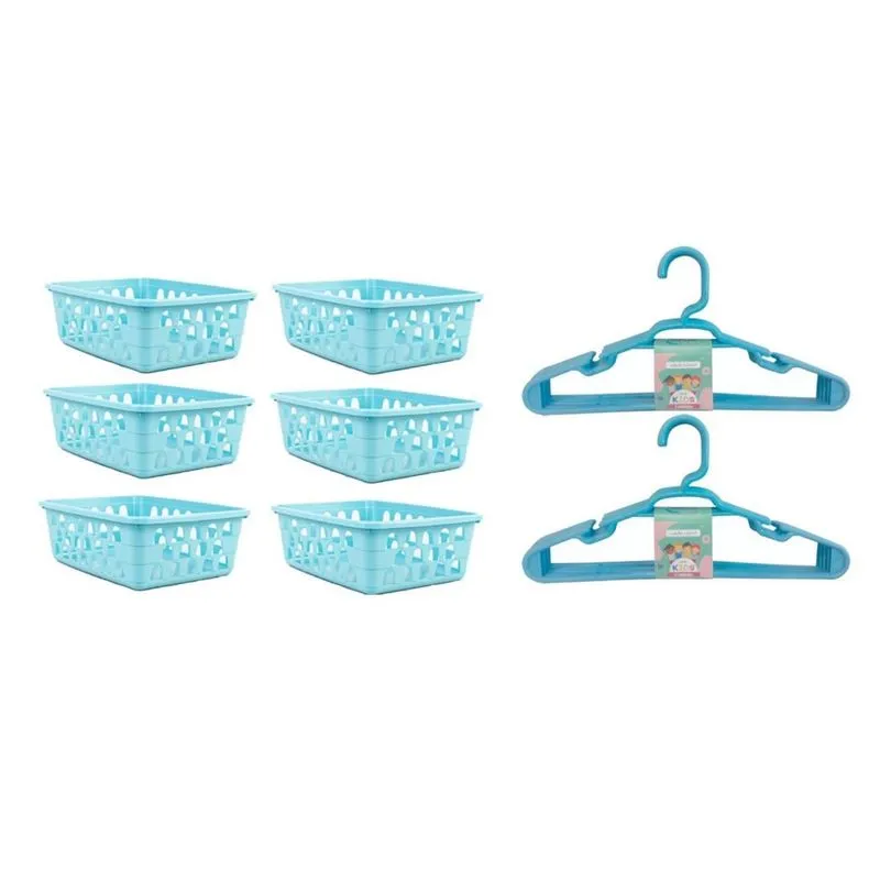 Kit 6 Cestos Organizador 16X12X6Cm Azul + 10 Cabide Infantil