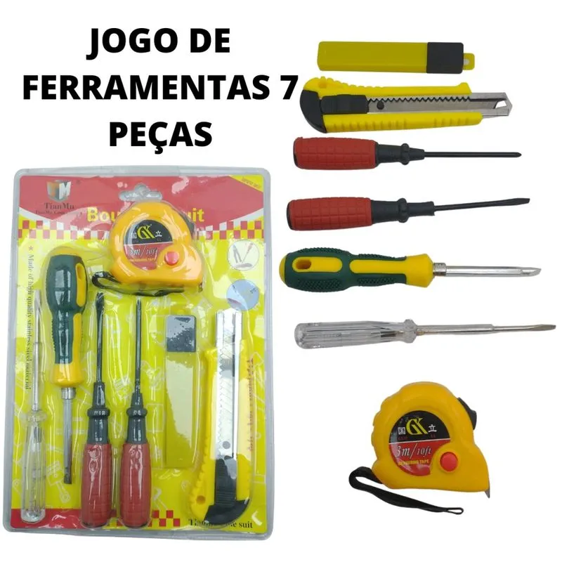 Jogo de Ferramentas Kit com Chave Philips Chave Fenda Chave Teste Trena 3m Estilete Refil 7 Peças