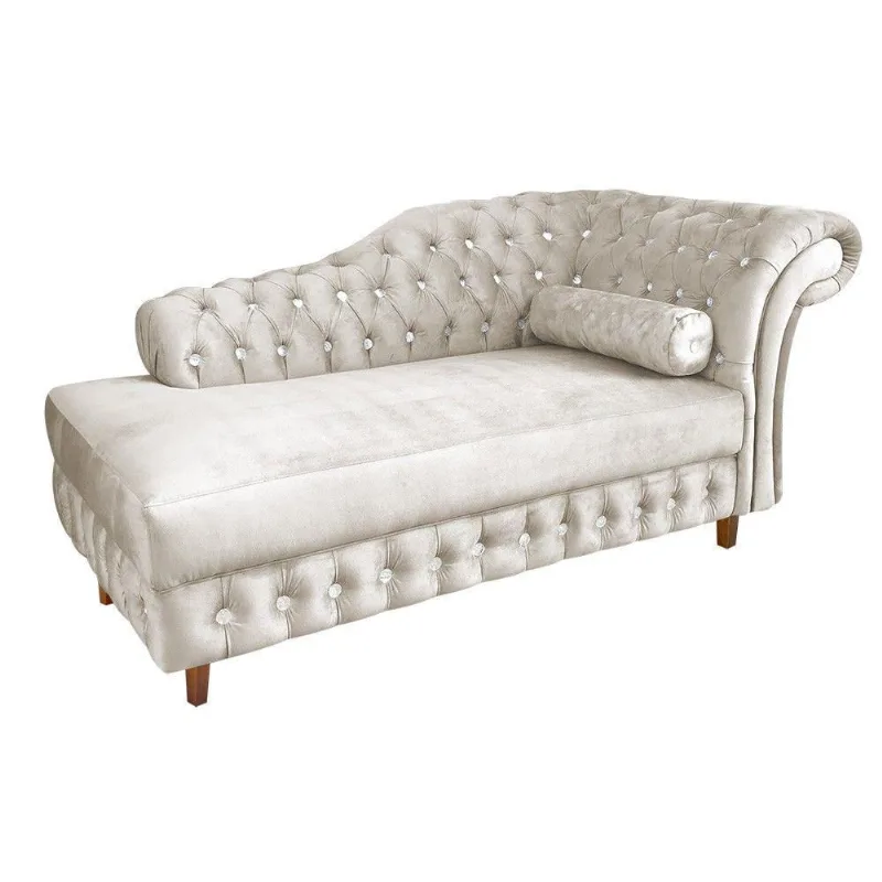 Divã Chesterfield Capitonado Bege Com Strass Suede Drossi