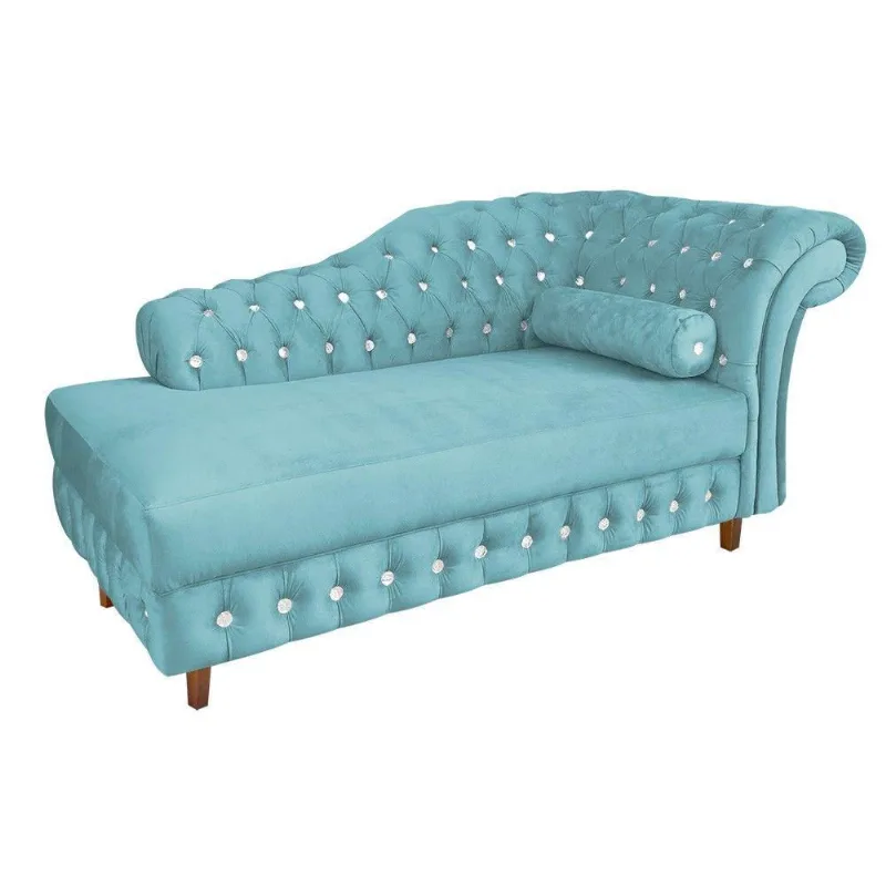 Divã Chesterfield Capitonado Azul Turquesa com Strass Suede