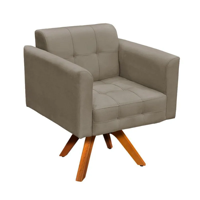 Poltrona Giratória Elisa Suede Marrom Rato Base Madeira