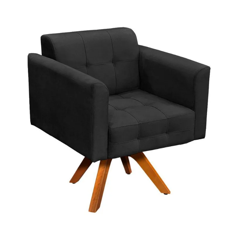 Poltrona Giratória Elisa Suede Preto Base Madeira D´rossi