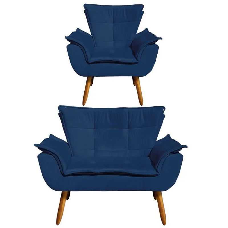Kit 1 Namoradeira e 1 Poltrona Opala Suede Azul Marinho
