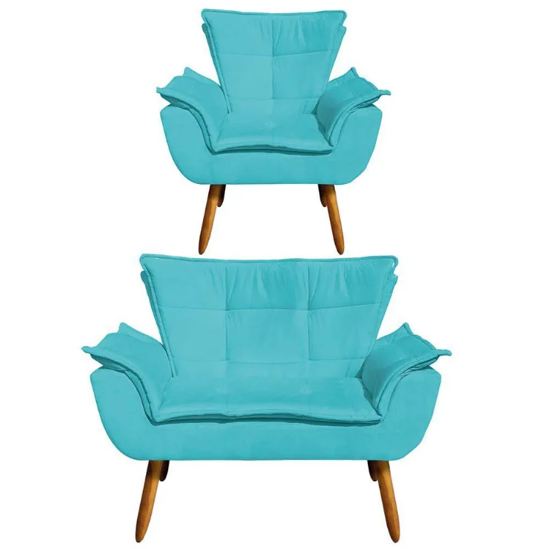 Kit 1 Namoradeira e 1 Poltrona Opala Suede Azul Turquesa