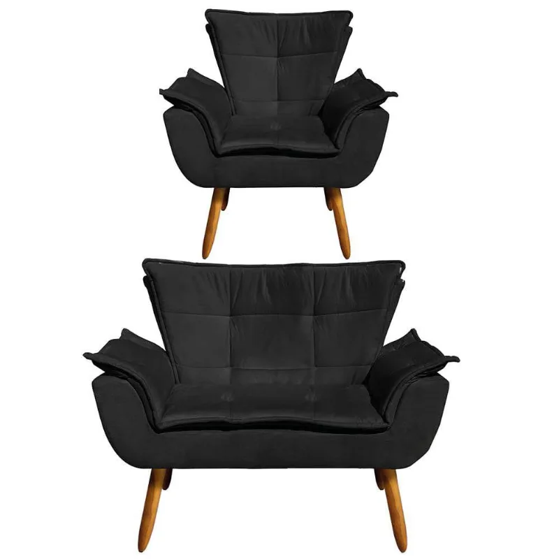 Kit 1 Namoradeira e 1 Poltrona Opala Suede Preto - Drossi