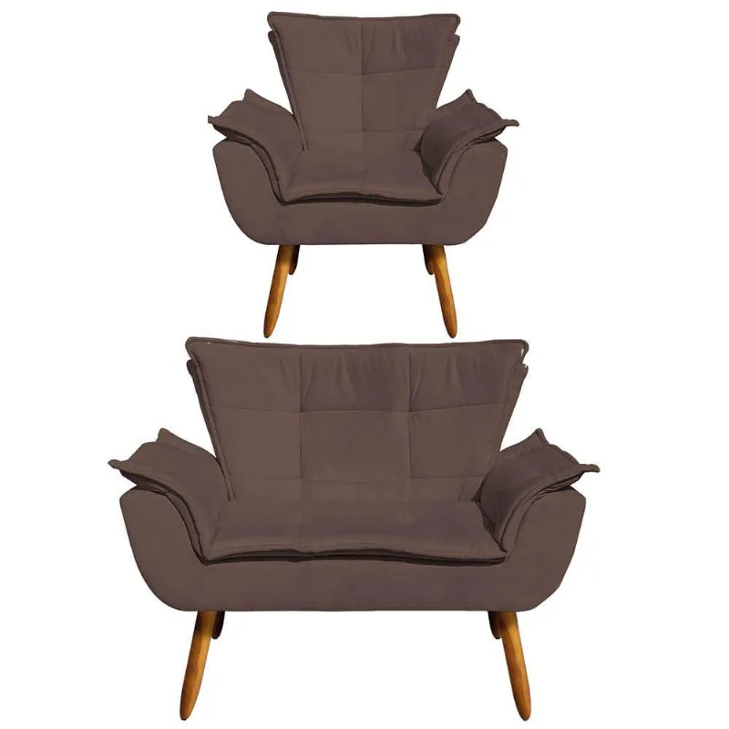 Kit 1 Namoradeira e 1 Poltrona Opala Suede Marrom - Drossi