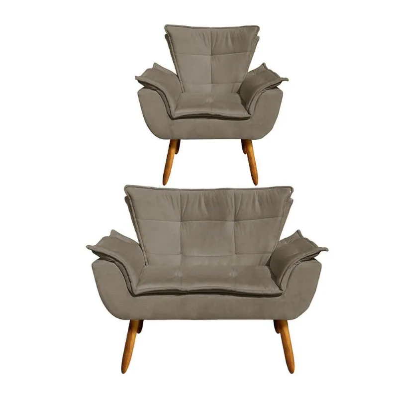 Kit 1 Namoradeira e 1 Poltrona Opala Suede Marrom Rato