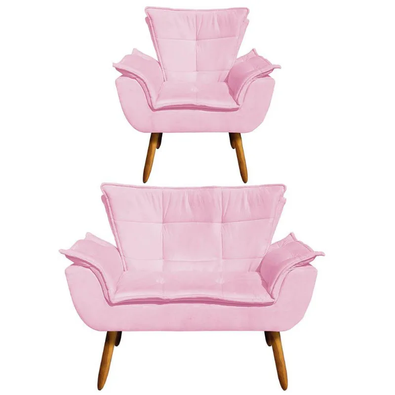 Kit 1 Namoradeira e 1 Poltrona Opala Suede Rosa Bebê Drossi