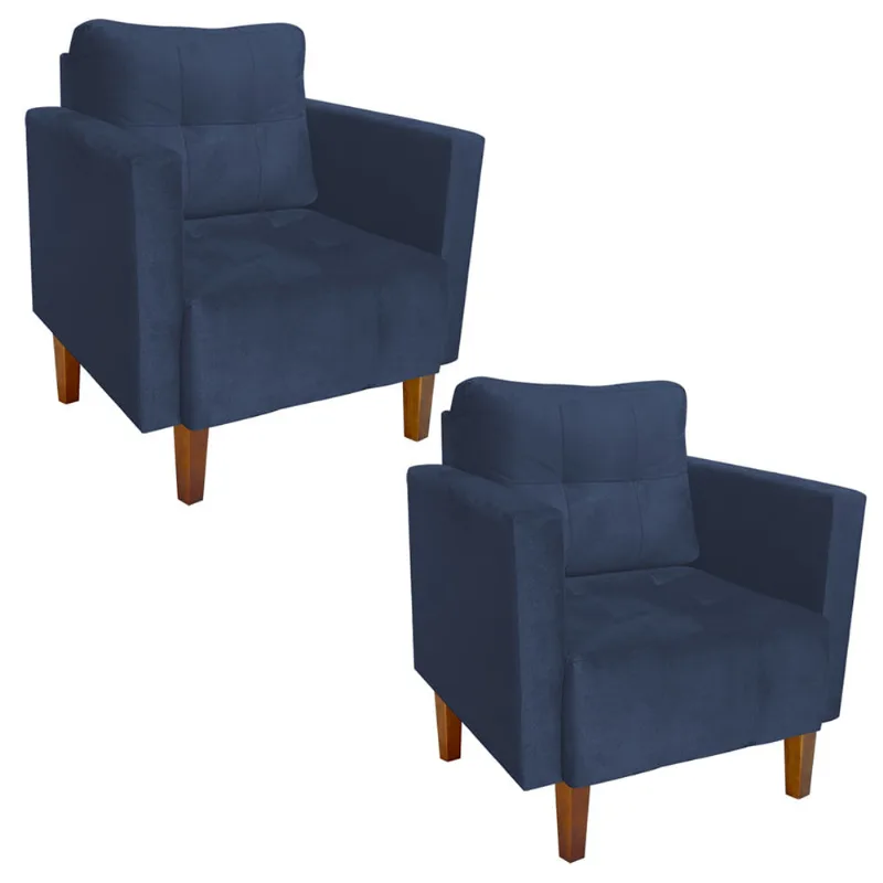 Kit 2 Poltronas Livia Suede Azul Marinho Pés Chanfrado Castanho - D'Rossi