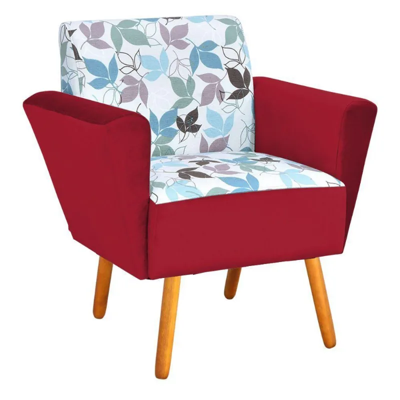 Poltrona Dora Estampado Folhas Veludo Vermelho