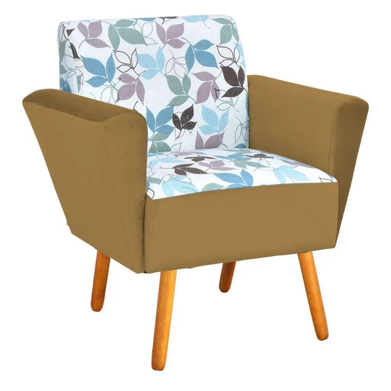 Poltrona Dora Estampado Folhas Veludo Ouro