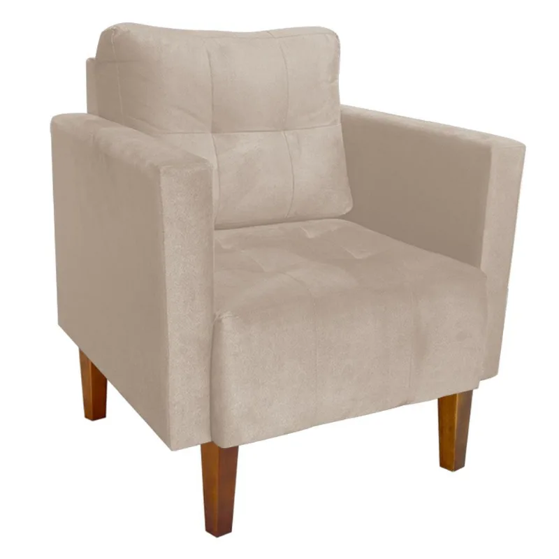 Poltrona Sala Decorativa Livia Pé Madeira Castanho Suede Bege M11 - D'Rossi