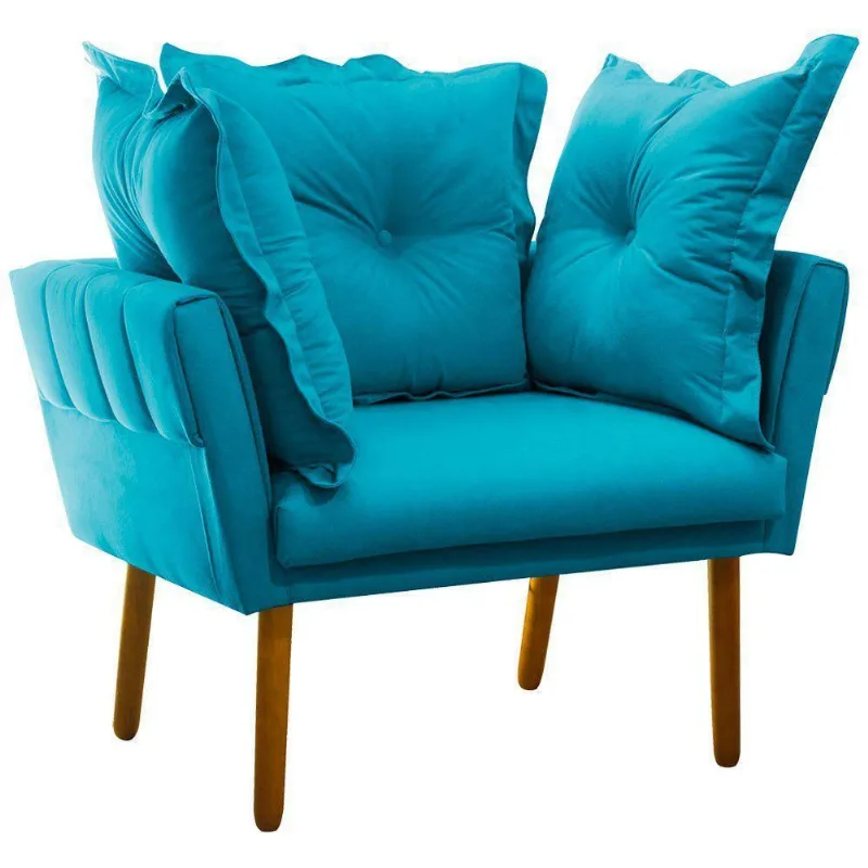 Poltrona Londres Suede Azul Turquesa Pés Palito Castanho