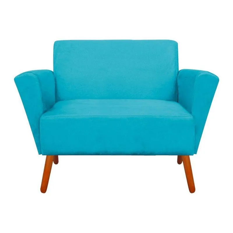 Sofá Namoradeira 2 Lugares Suede Azul Turquesa Pé Castanho