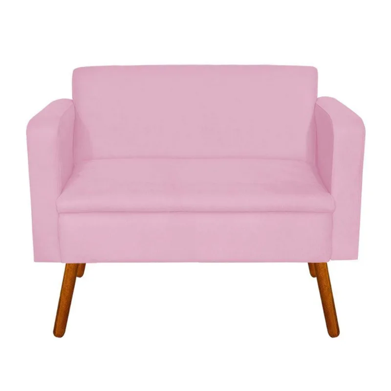 Sofá Namoradeira 2 Lugares Emília Suede Rosa Bebê Pés Palito