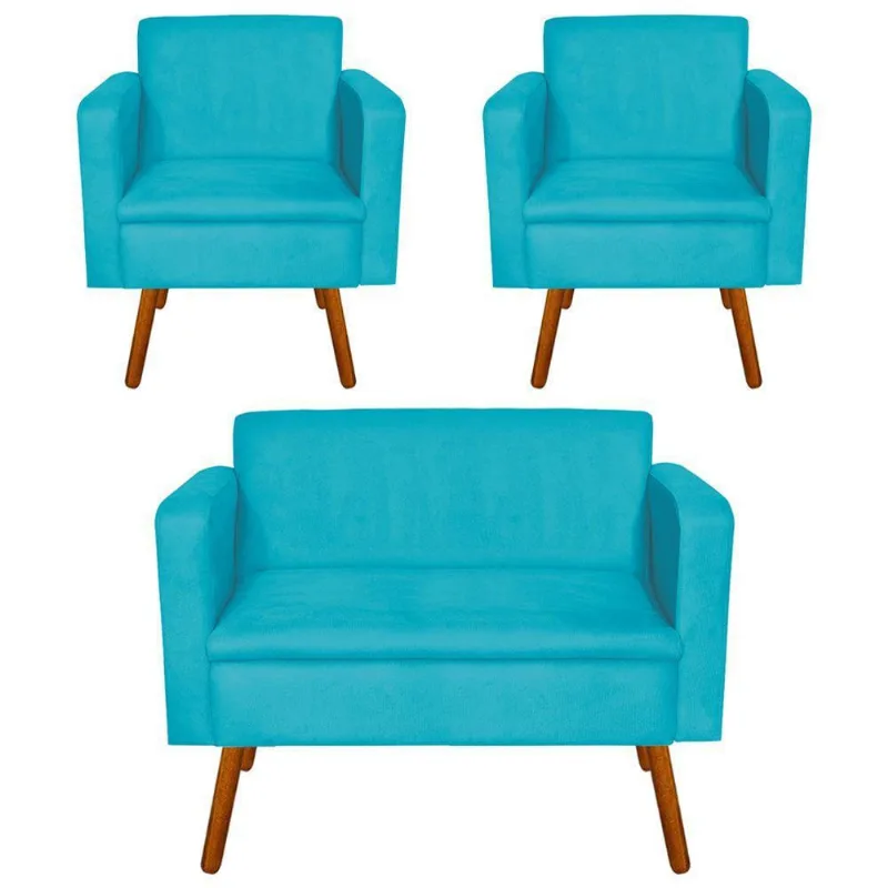 Kit 01 Namoradeira e 02 Poltrona Emilia Suede Pés Palito