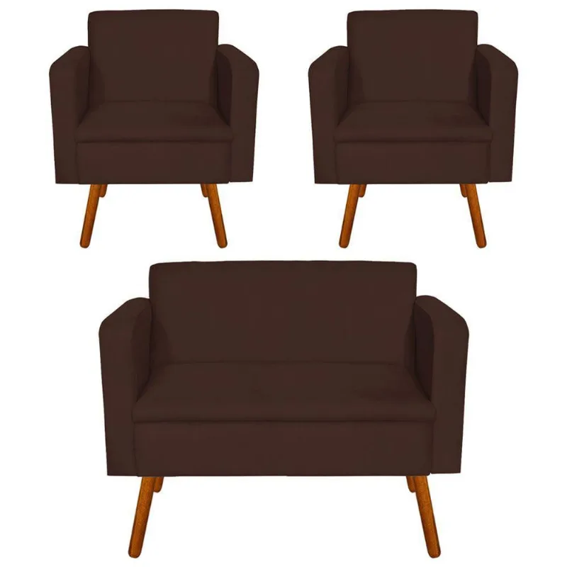 Kit 01 Namoradeira e 02 Poltrona Emilia Suede Pés Palito