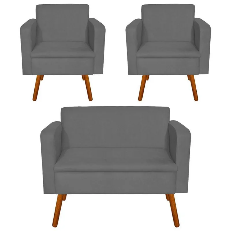 Kit 01 Namoradeira e 02 Poltrona Emilia Suede Pés Palito