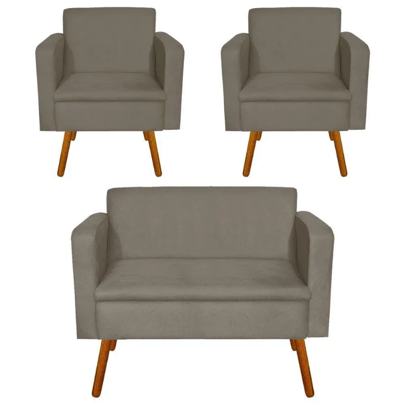 Kit 01 Namoradeira e 02 Poltrona Emilia Suede Pés Palito