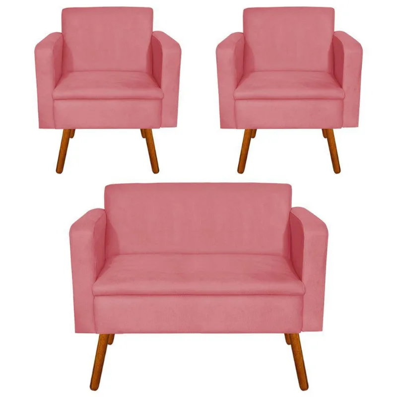 Kit 01 Namoradeira e 02 Poltrona Emilia Suede Pés Palito
