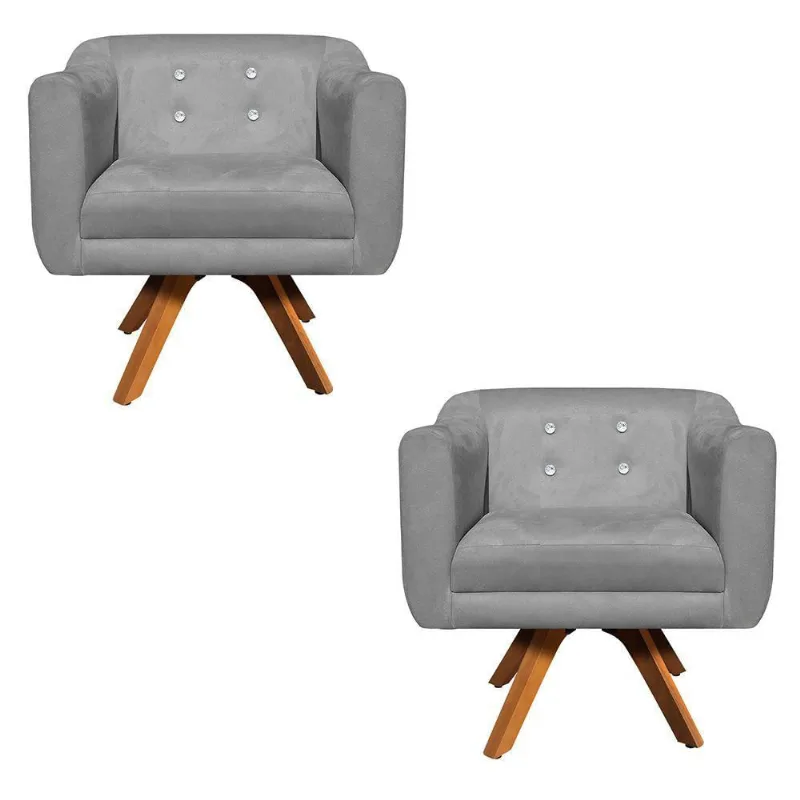 Kit 02 Poltronas Giratória Julia Suede Base Madeira Mm30
