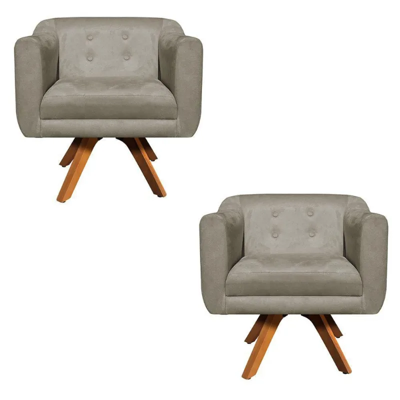 Kit 02 Poltronas Giratória Julia Suede Base Madeira Mm30