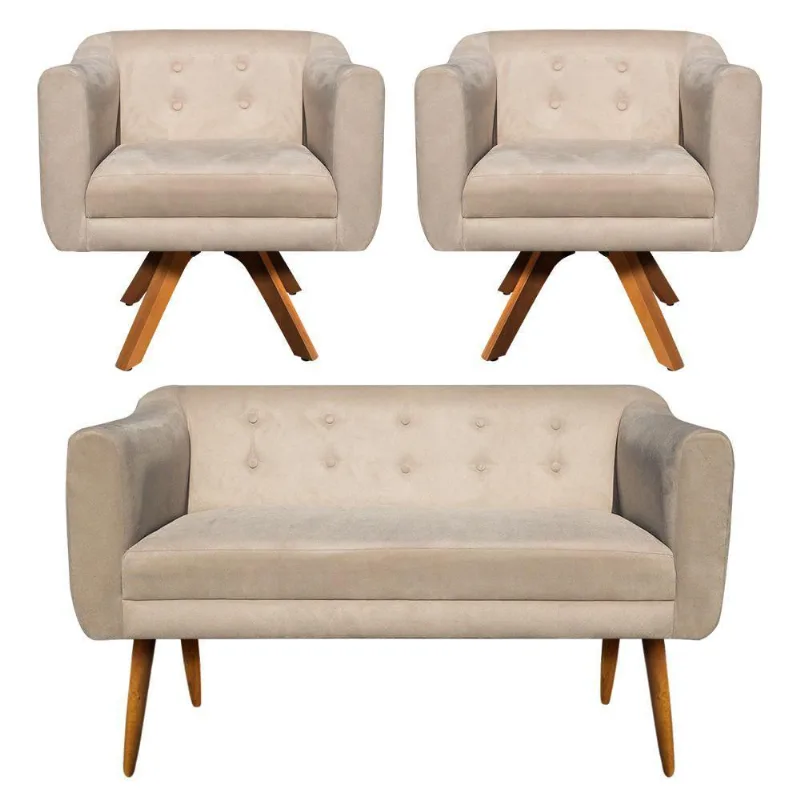 Kit 01 Namoradeira E 02 Poltronas Julia Suede Bege