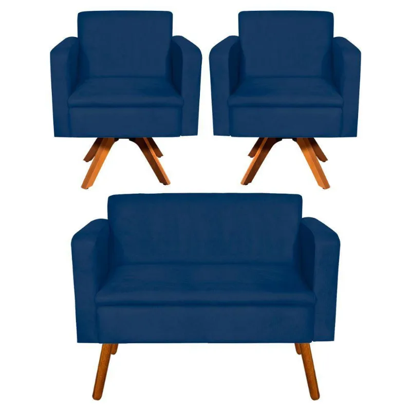 Kit 01 Namoradeira E 02 Poltronas Emília Suede Azul Marinho