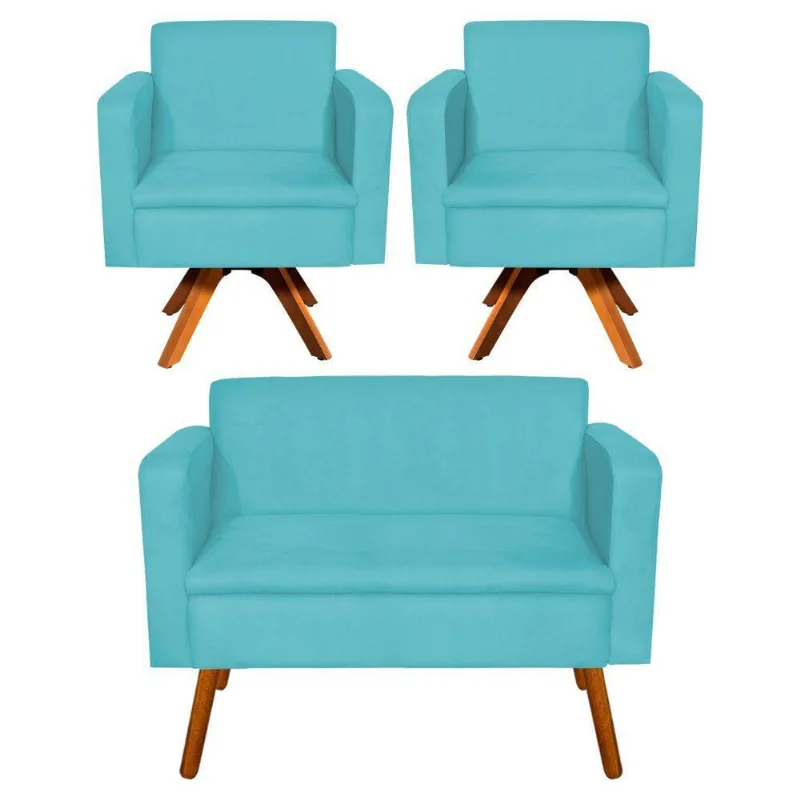 Kit 01 Namoradeira E 02 Poltronas Emília Suede Azul Turquesa