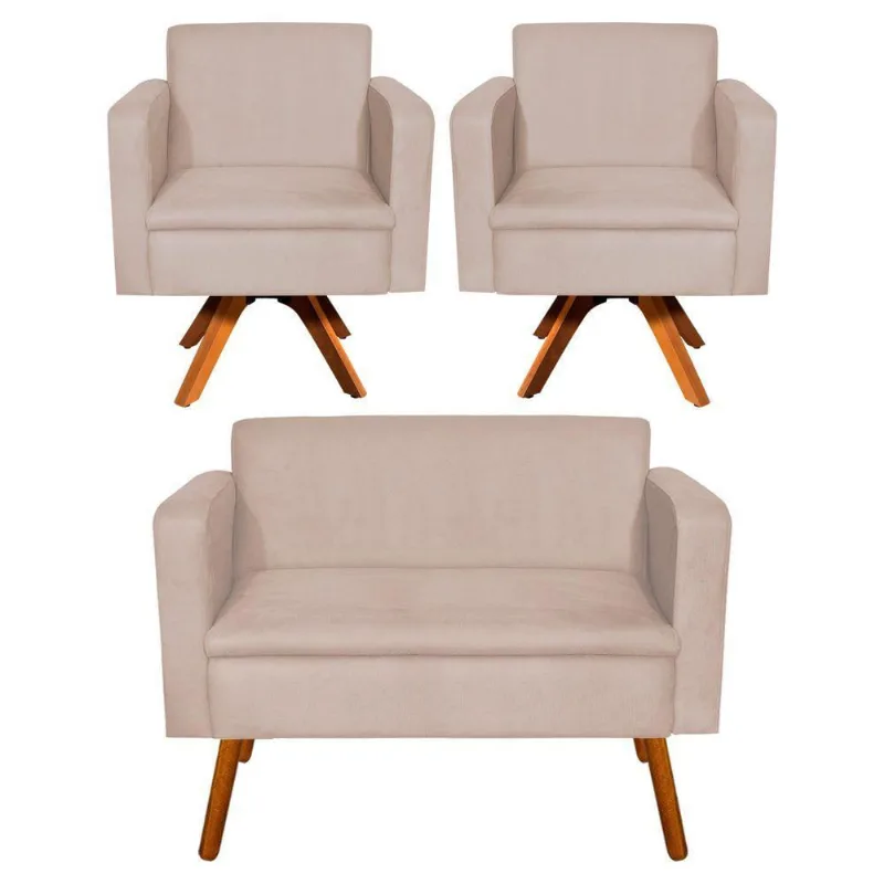 Kit 01 Namoradeira E 02 Poltronas Emília Suede Bege