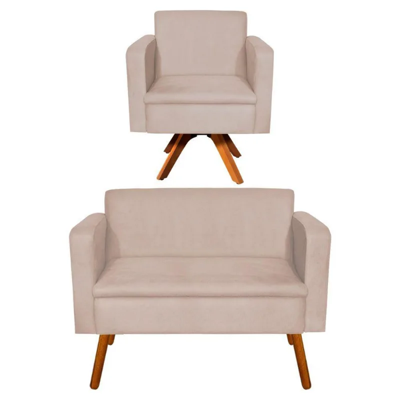 Kit 1 Namoradeira e 1 Poltrona Giratória Emília Suede Bege