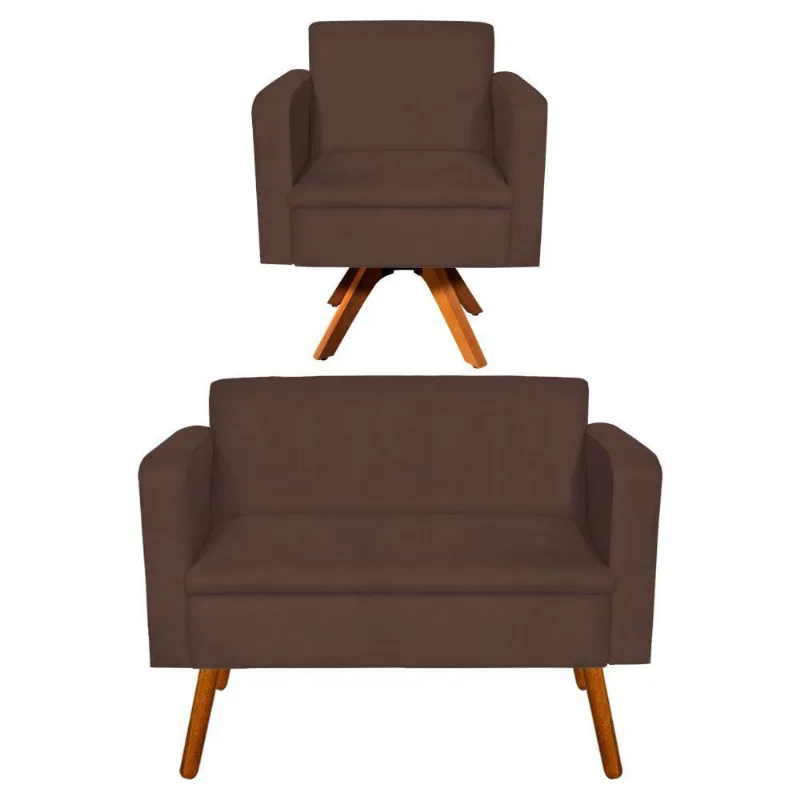 Kit 1 Namoradeira e 1 Poltrona Giratória Emília Suede Marrom
