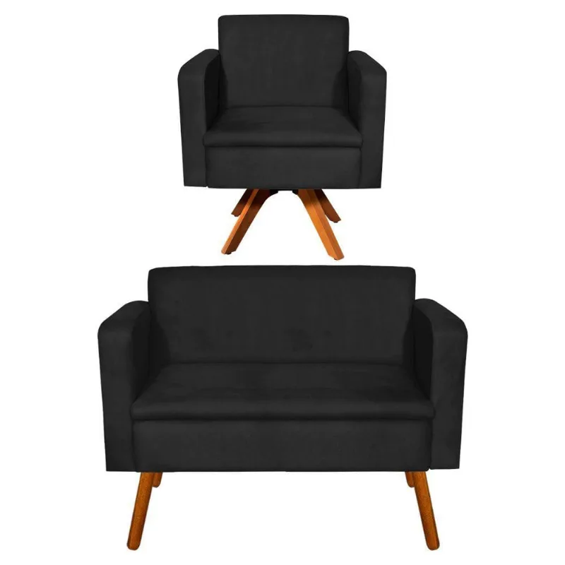 Kit 1 Namoradeira e 1 Poltrona Giratória Emília Suede Preto
