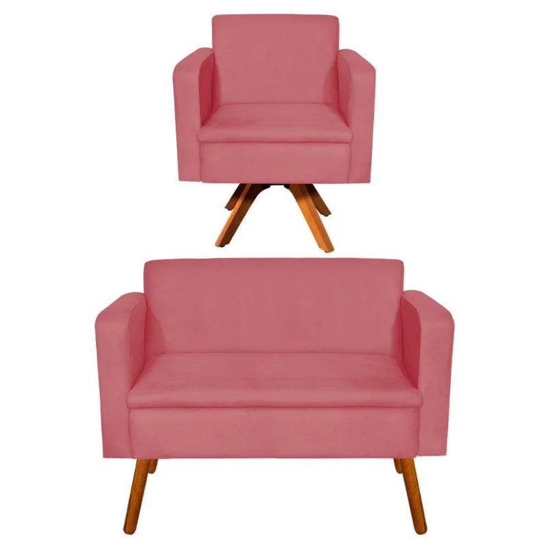Kit 1 Namoradeira e 1 Poltrona Giratória Emília Suede Rose