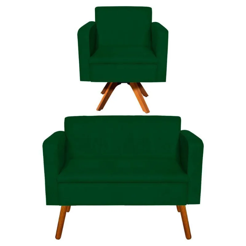 Kit 1 Namoradeira e 1 Poltrona Giratória Emília Suede Verde