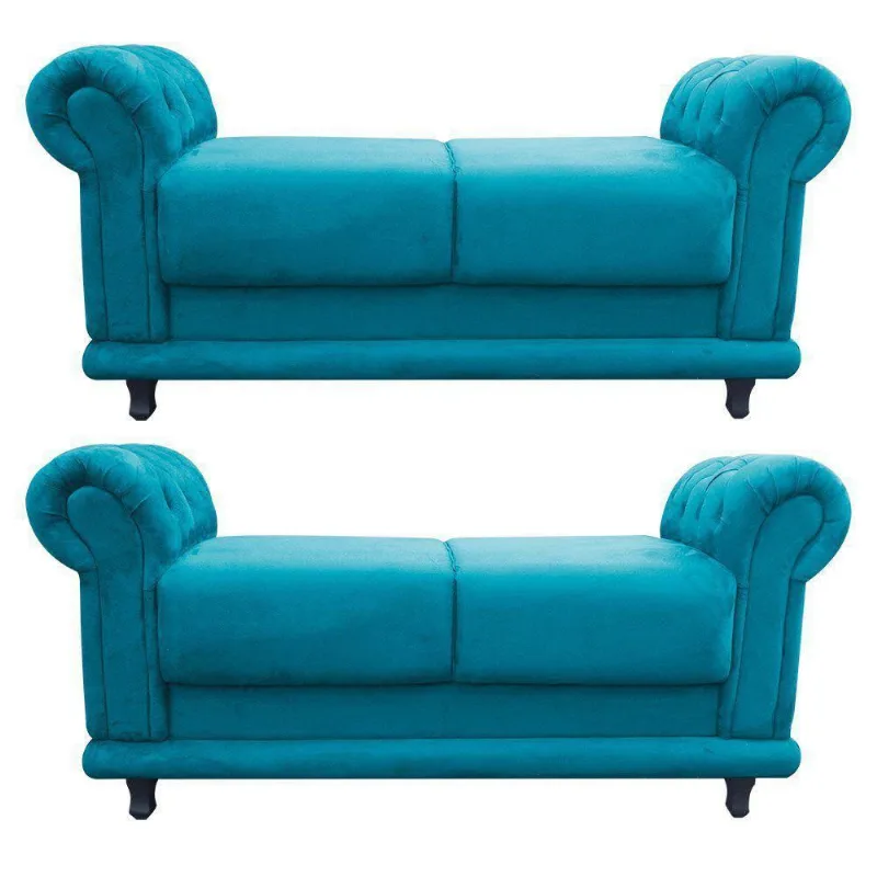 Kit 2 Recamier Barcelona Namoradeira Suede Azul Turquesa
