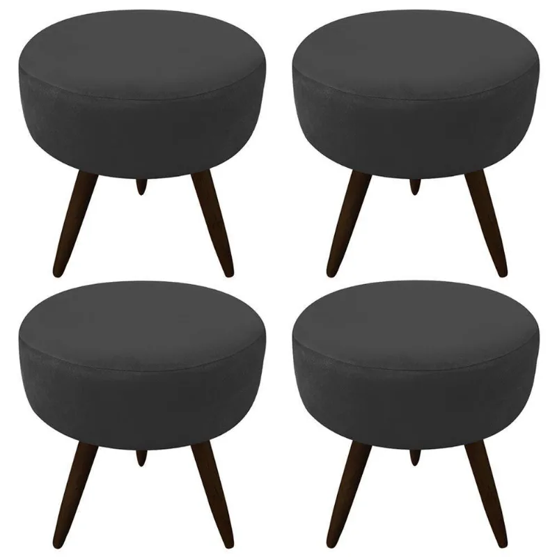 Kit 04 Puffs Banqueta Berlim Redondo Suede Preto