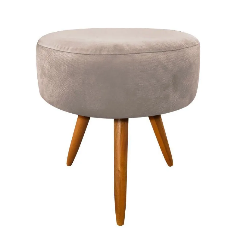 Puff Banqueta Berlim Redondo Suede Bege Pés Castanho D´rossi