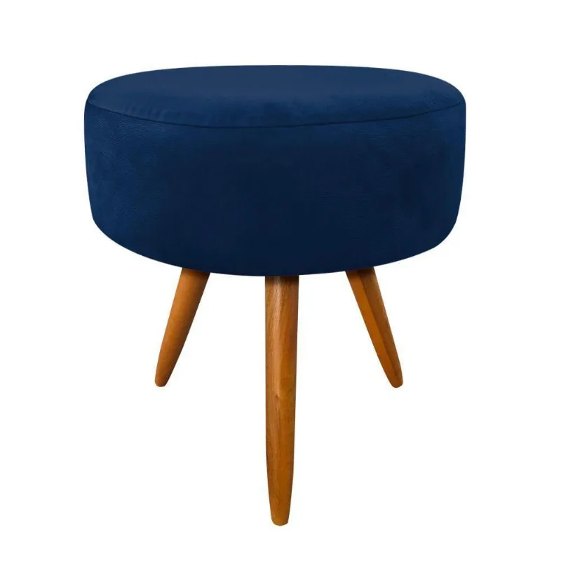 Puff Banqueta Berlim Redondo Suede Azul Marinho Pés Castanho