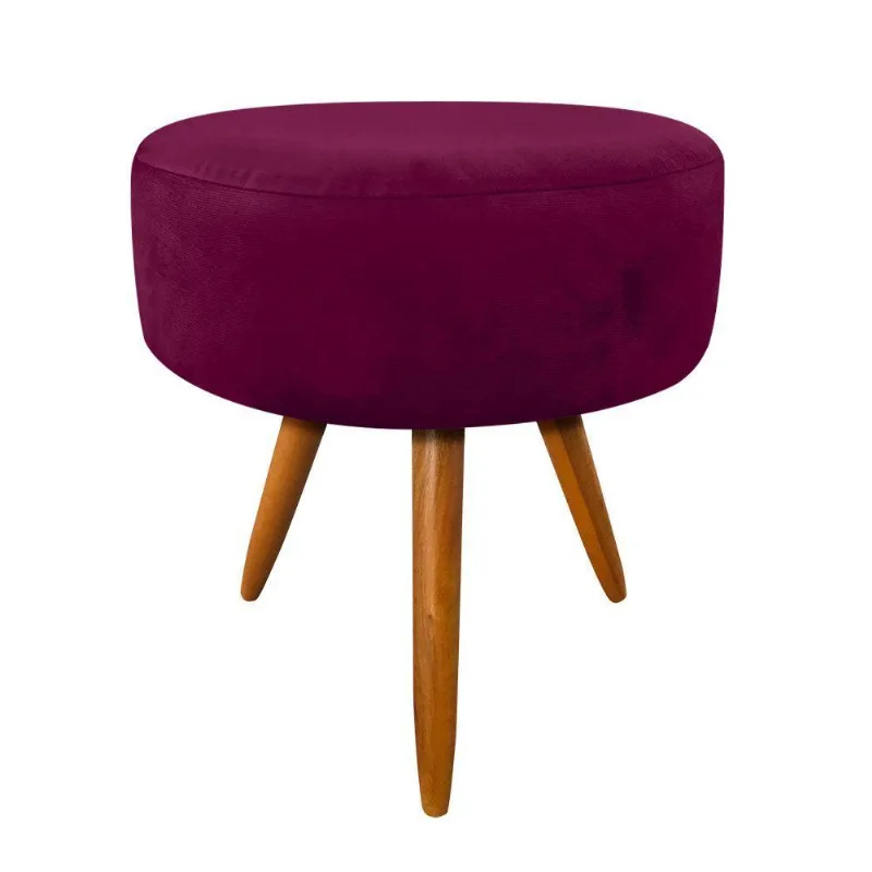 Puff Banqueta Berlim Redondo Suede Vinho Pés Castanho