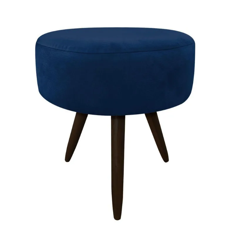Puff Banqueta Berlim Redondo Suede Azul Marinho Pés Tabaco