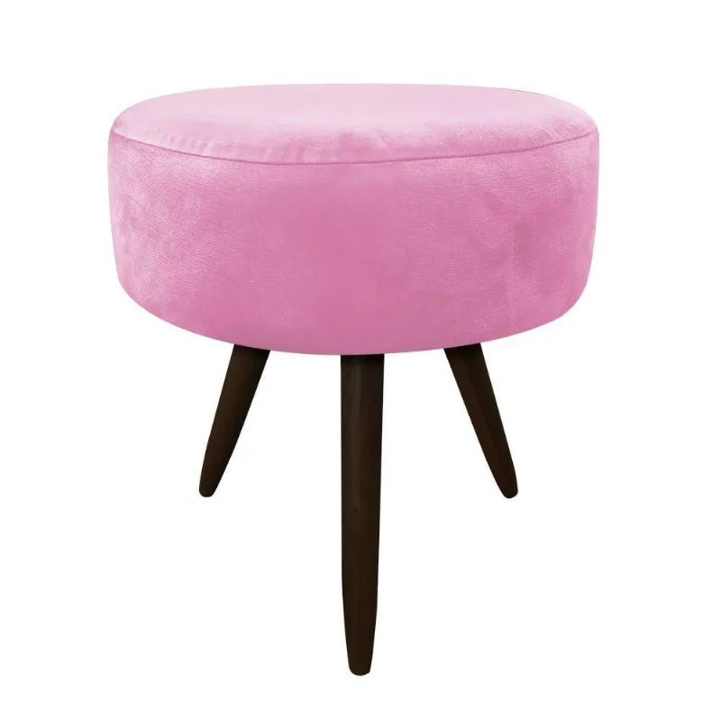 Puff Banqueta Berlim Redondo Suede Rosa Bebê Pés Tabaco