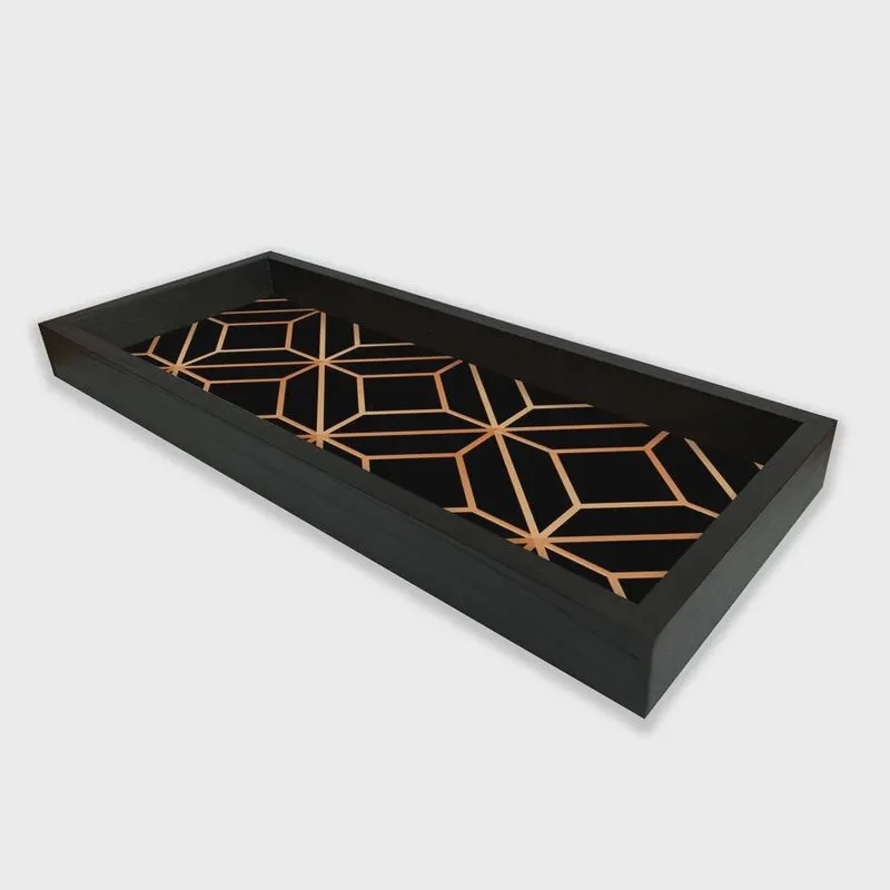 Bandeja Preta Com Gravura Impermeável Geometric Luxo 34X14X3CM - D'Rossi