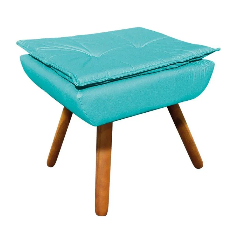 Puff Decorativo Opala Corino Pés Palito Castanho Azul